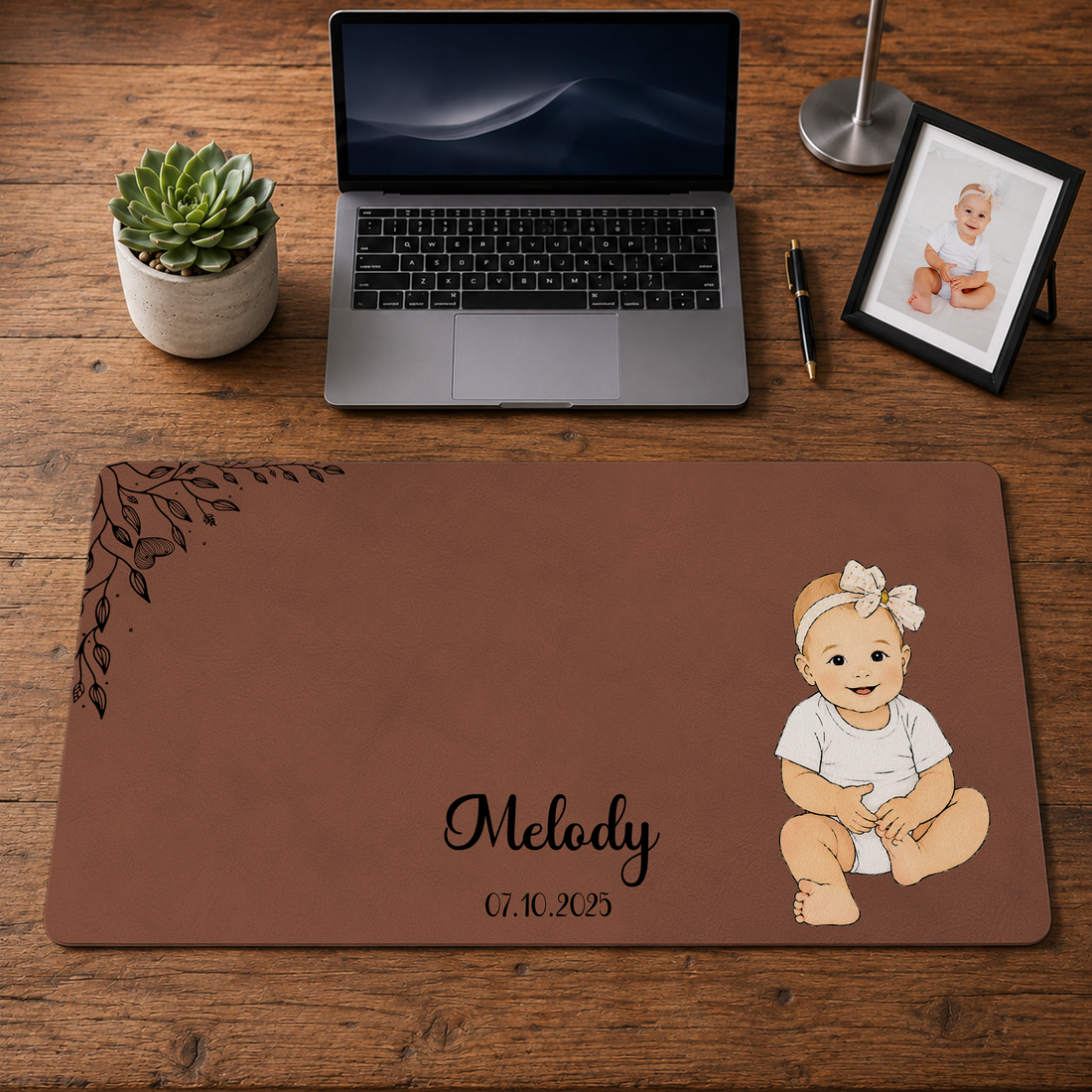 Personalized Baby Portrait Photo to Water Color Doodle Desk Mat with Custom Text