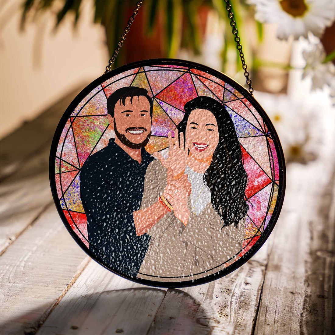 Personalized Romantic Couple Photo To Illustration Art, Turn Art Gift, Glass Suncatcher Hanging Window-BeUnikArt