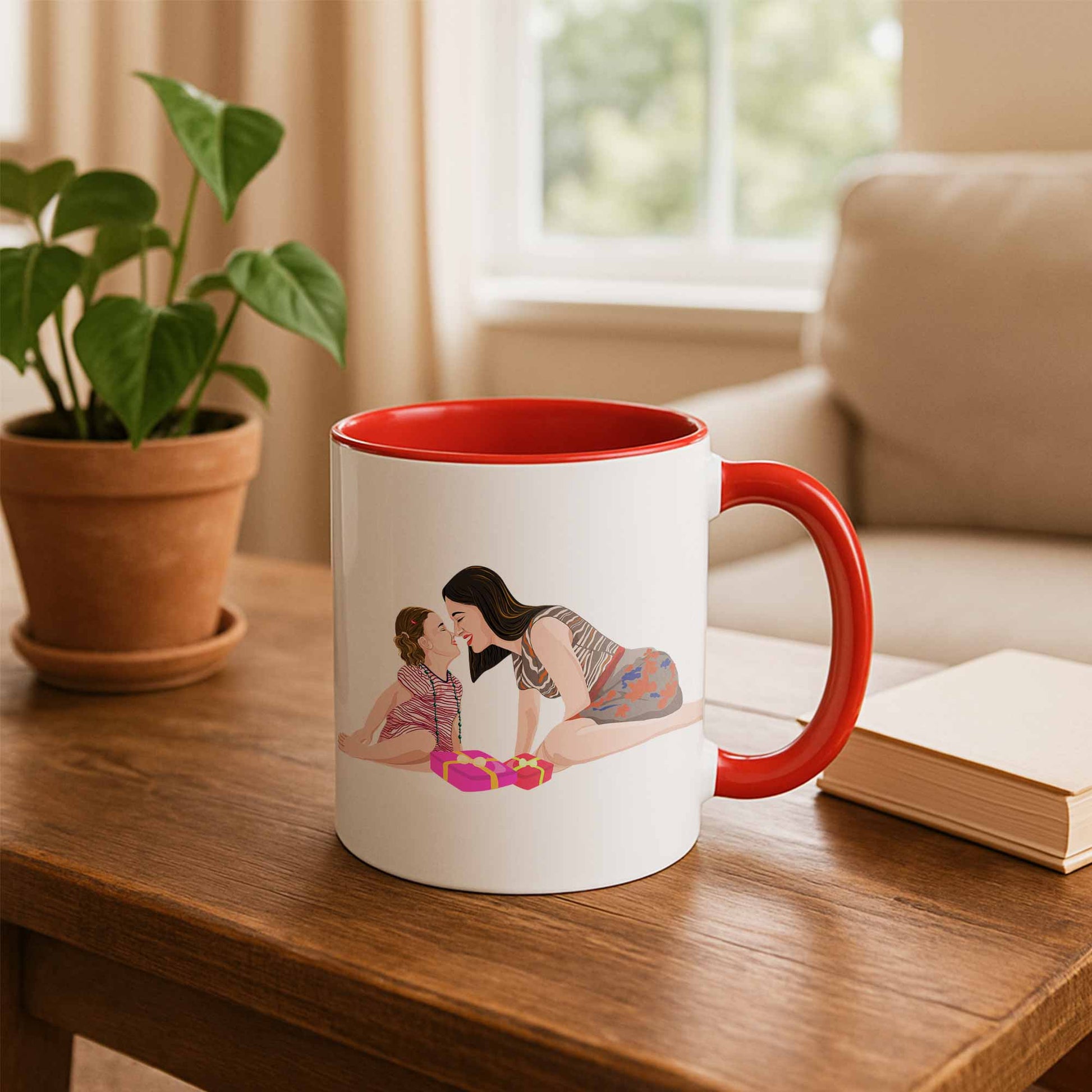 Personalized Illustration Art From Portrait Photo, Mom and Kid Memorial, Mothers Day Accent Coffee Mug (11, 15oz)-BeUnikArt