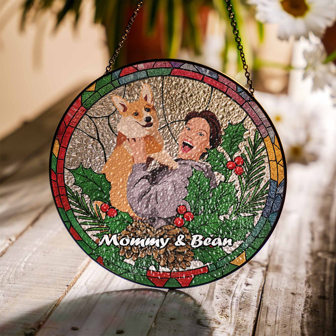 Customized Illustration Pet Portrait Christmas Gift Stained Glass Suncatcher For Pet Parents