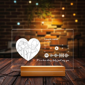 Custom Line Art Heart Music Player Night Light - Personalized Sketch Photo Acrylic Lamp - Romantic Anniversary Spotify Style Gift