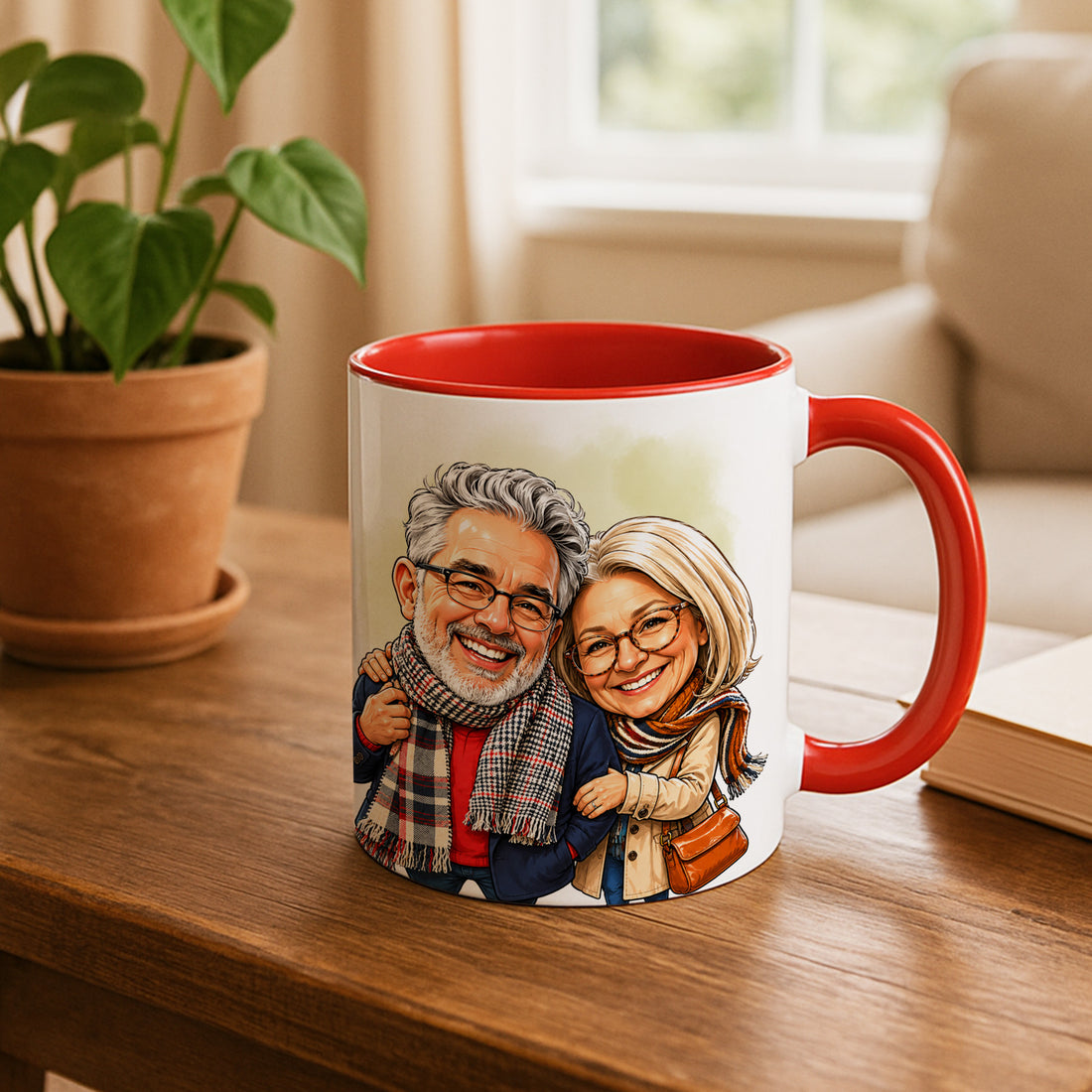Personalized Family Photo to Caricature Art Accent Mug with Custom Text - 11, 15 oz