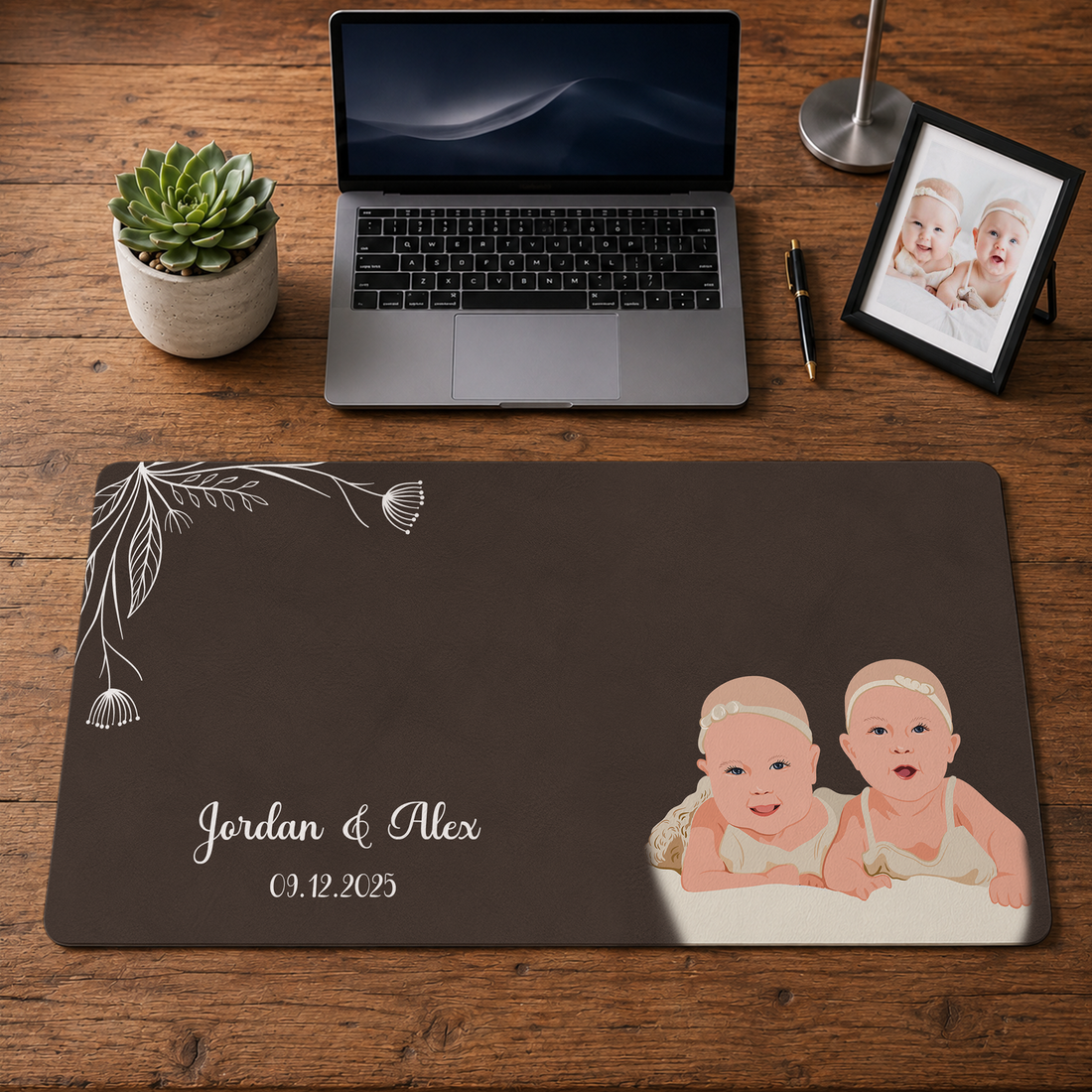 Personalized Couple Newborn Photo to Illustration Desk Mat with Custom Text