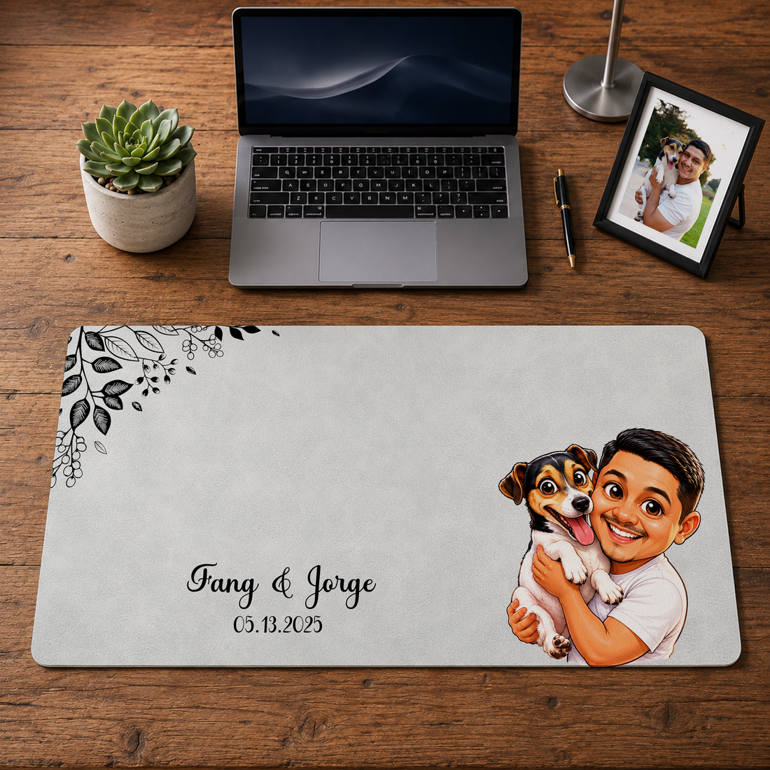 Personalized Pet & Owner Photo to Caricature Desk Mat with Custom Text