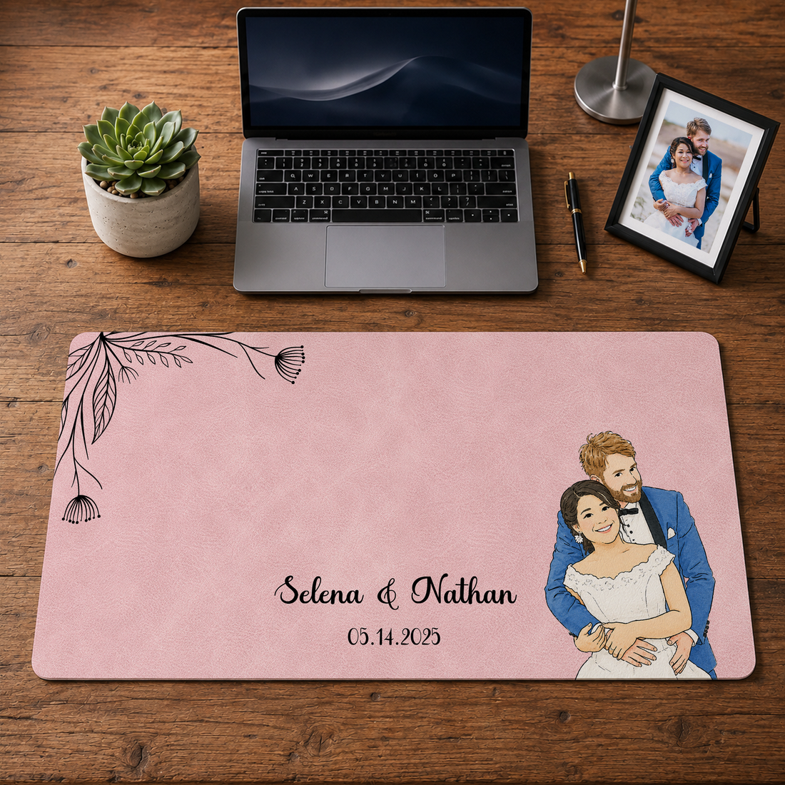 Personalized Wedding Photo to Water Color Doodle Desk Mat with Custom Text