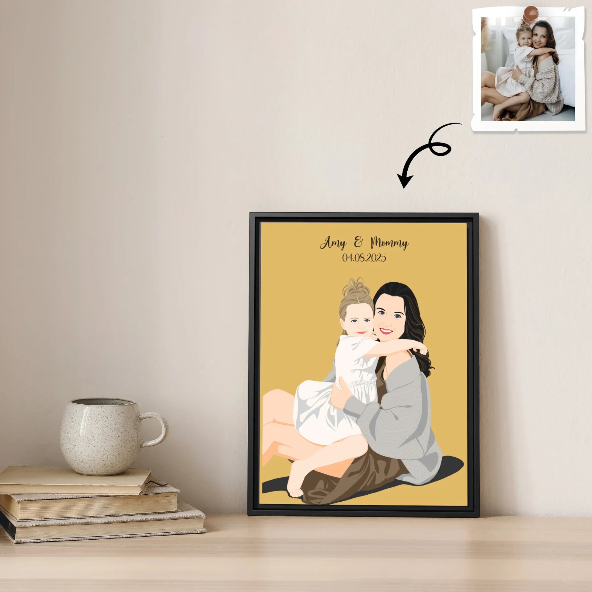 Personalized Illustration Art From Portrait Photo, Mom and Kid Memorial, Mothers Day Canvas-BeUnikArt