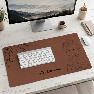 Personalized Baby Portrait Photo to Detailed Line Art Desk Mat with Custom Text