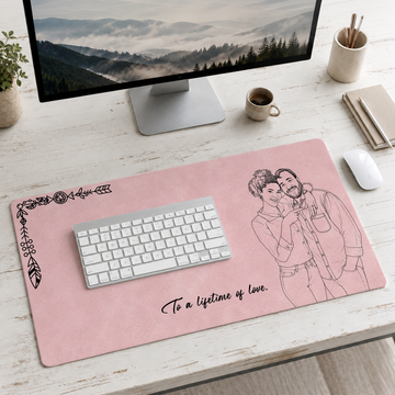 Personalized Photo to Detailed Line Art Engagement Wedding Desk Mat with Custom Text