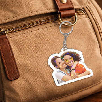 Personalized Bestie Illustration Hologram Keychain - Custom Friend Photo Art with Star & Broken Glass Shimmer Effects