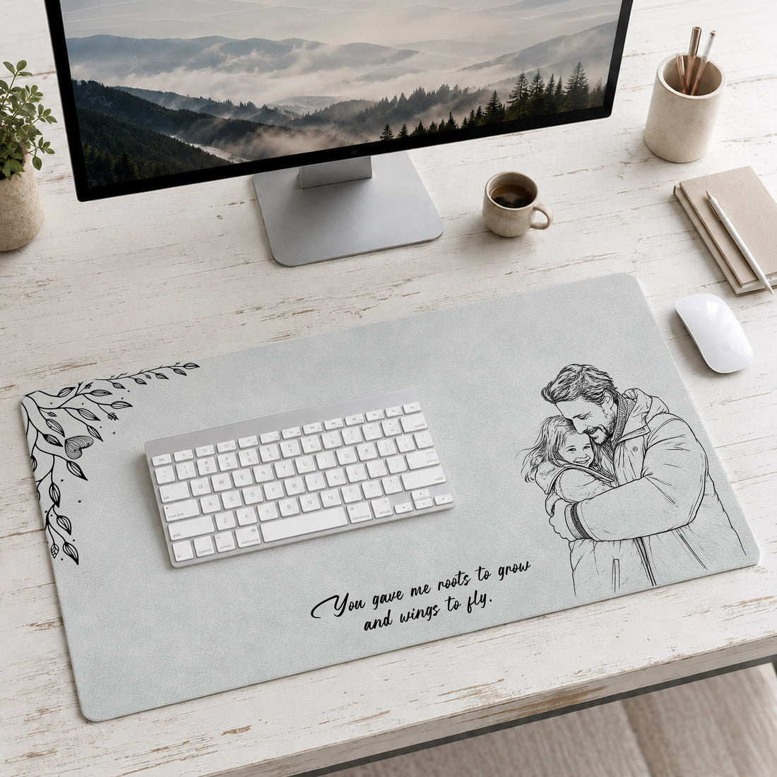 Personalized Photo to Line Art Father and Child Portrait Desk Mat