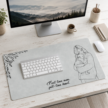 Personalized Photo to Detailed Line Art First Time Mom Desk Mat with Custom Text