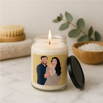 Personalized Illustration from Photo Couple Portrait 9oz. Scented Soy Candle Digital Art Style Romantic Anniversary Gift