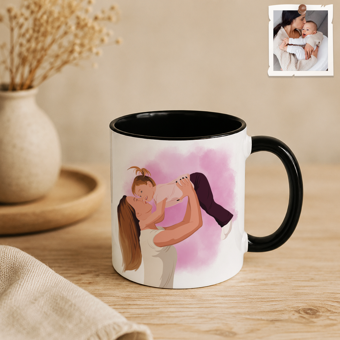Personalized Mom & Kid Photo to Illustration Accent Mug with Custom Text - 11, 15 oz