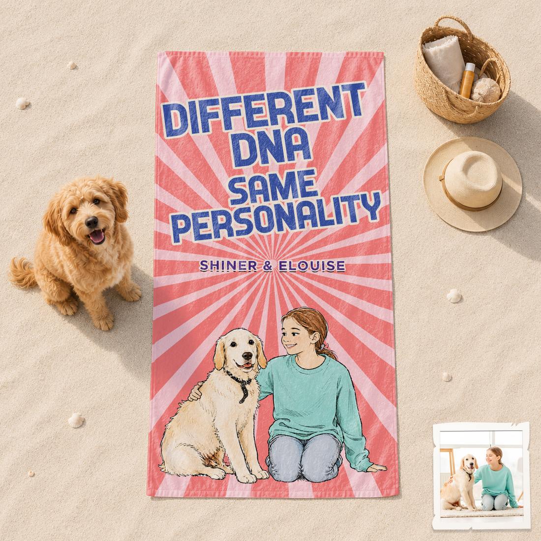 Personalized Pet and Owner Sketch Doodle Beach Towel with Custom Text, Hand-Drawn Photo Keepsake for Pet Lovers