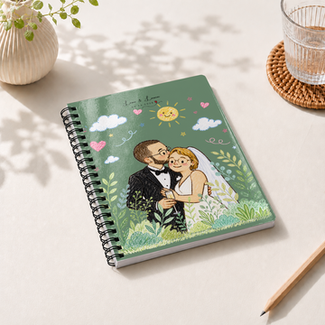Personalized Wedding Crayon Doodle Spiral Bound Journal with Custom Text, Cute Custom Couple Portrait Notebook Gift