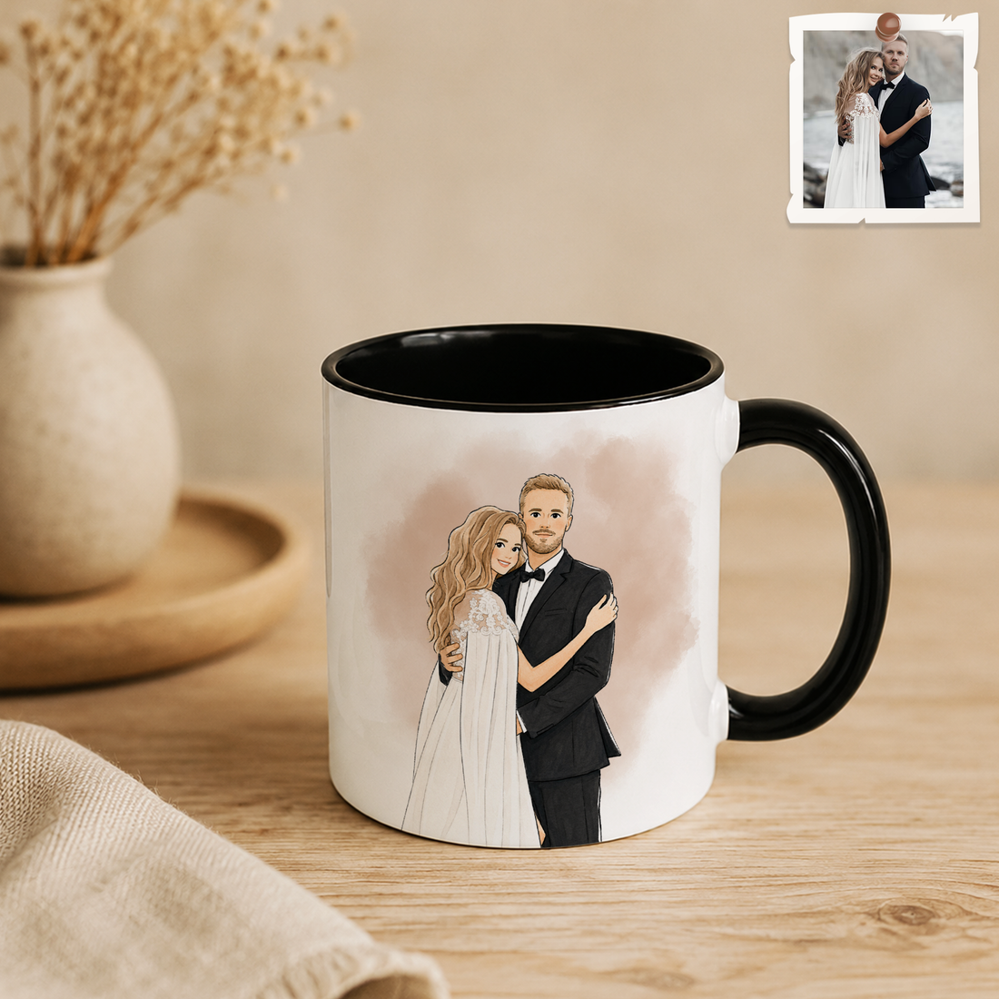 Personalized Wedding Photo to Water Color Doodle Accent Mug with Custom Text