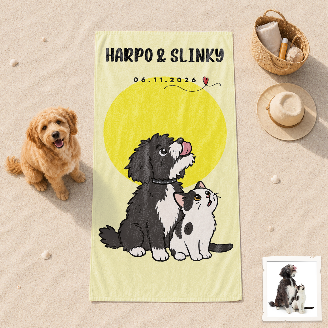 Custom Pet Funny Doodle Beach Towel with Personalized Text, Playful Dog or Cat Photo Gift for Summer