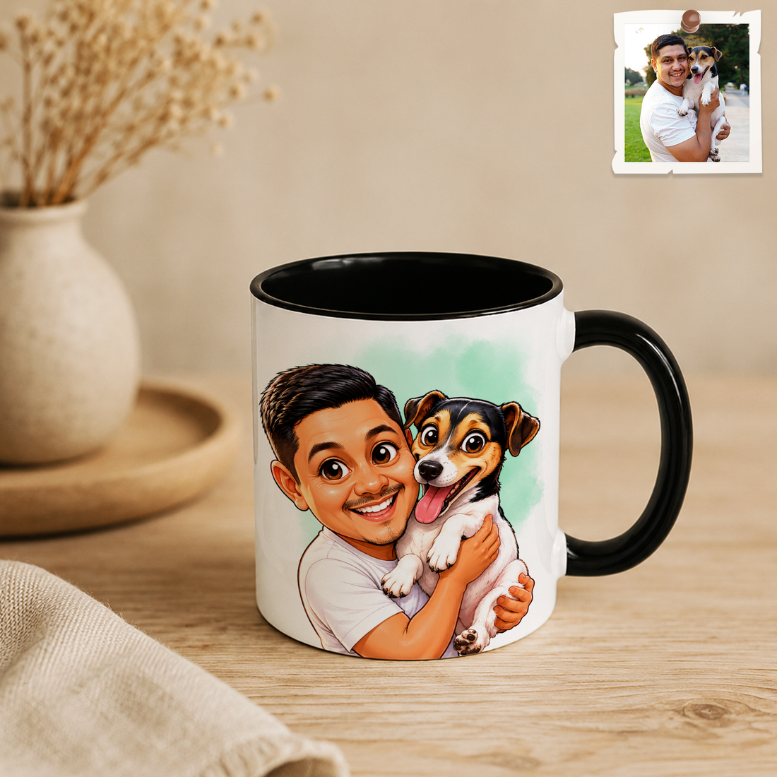 Personalized Pet & Owner Photo to Caricature Art Accent Mug with Custom Text - 11, 15 oz