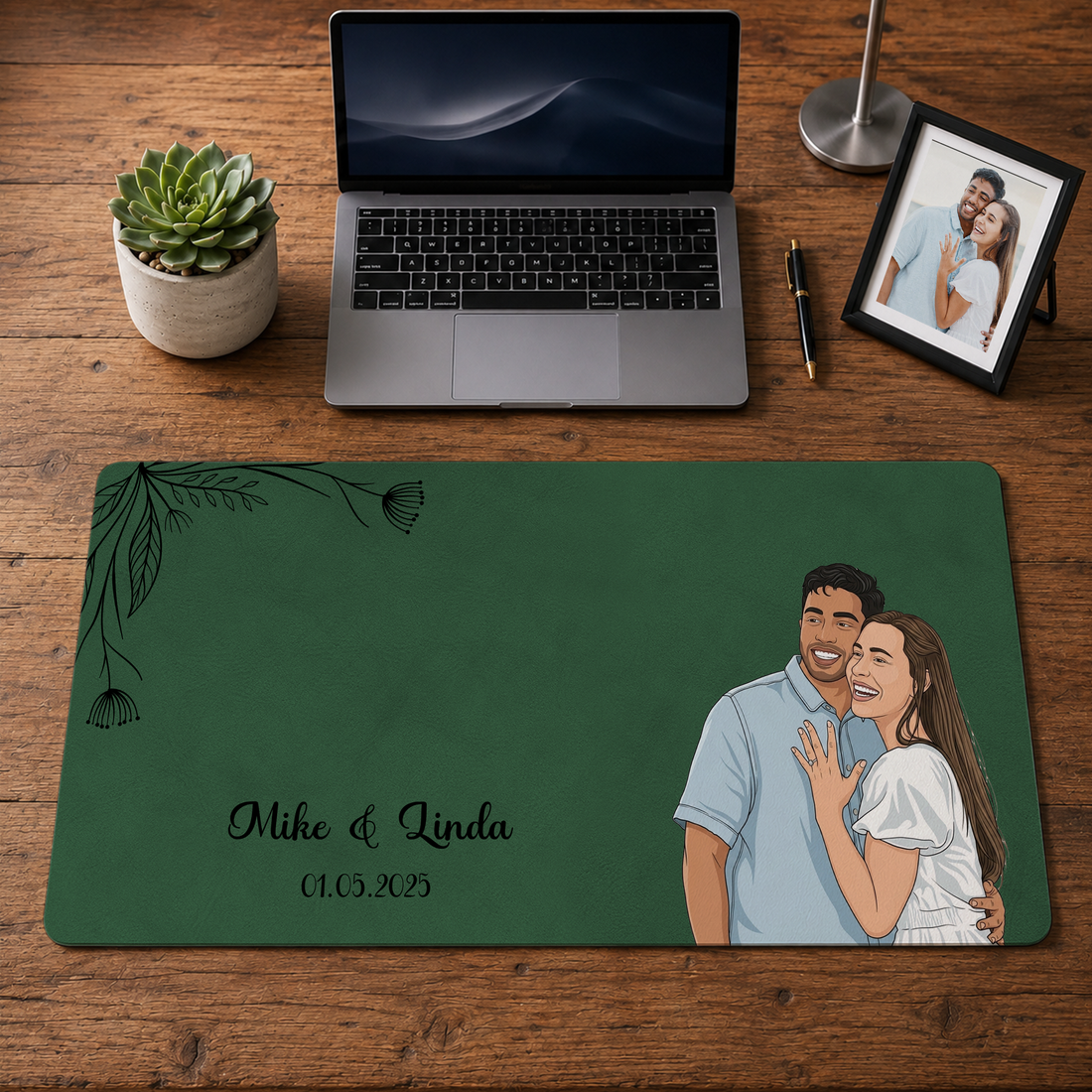 Personalized Engagement Wedding Couple Photo to Illustration Desk Mat with Custom Text