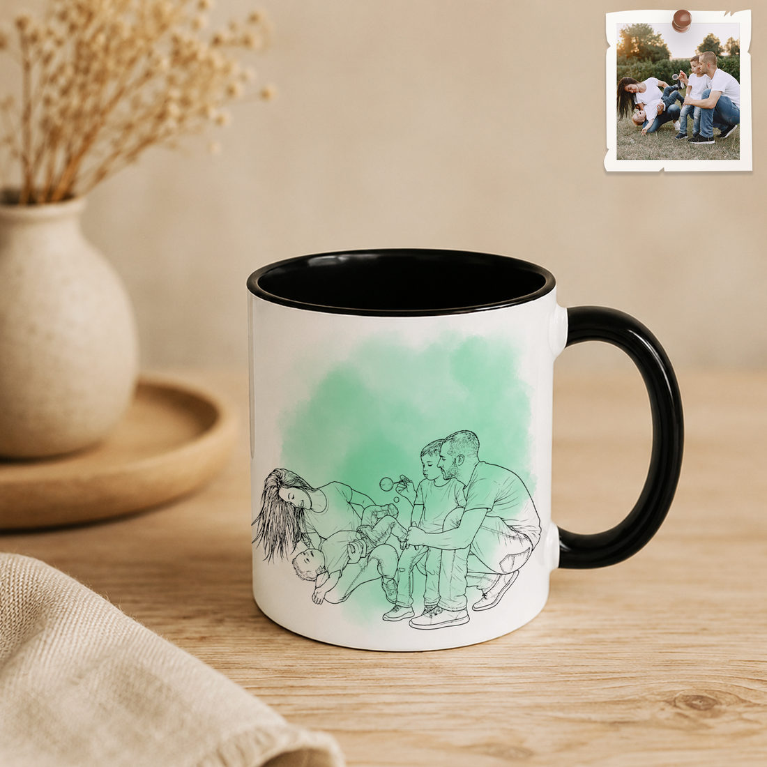 Personalized Big Family Photo to Detailed Line Art Accent Mug with Custom Text - 11, 15 oz