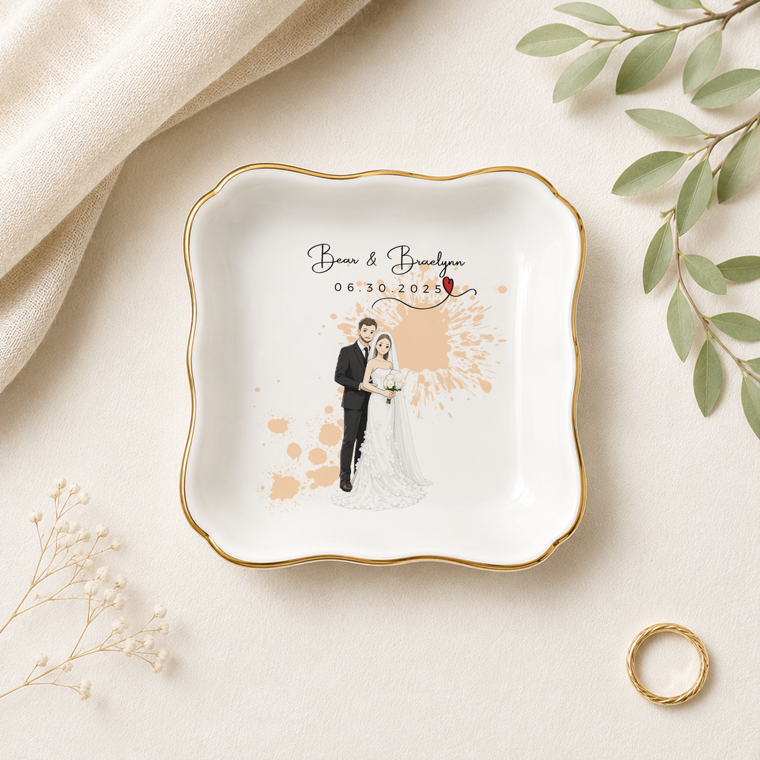 Personalized Couple Photo Anime Illustration Trinket Dish with Custom Text, Custom Romantic Keepsake Gift