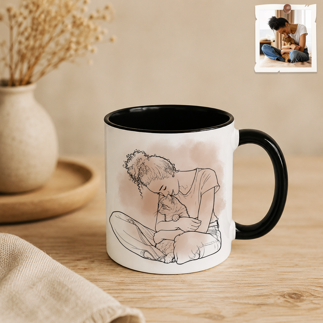 Personalized Cat & Owner Photo to Detailed Line Art Accent Mug with Custom Text - 11, 15 oz