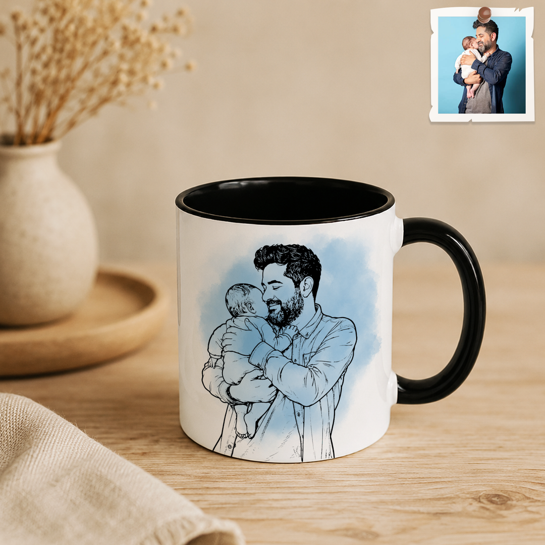Personalized First Time Dad Photo to Detailed Line Art Accent Mug with Custom Text - 11, 15 oz