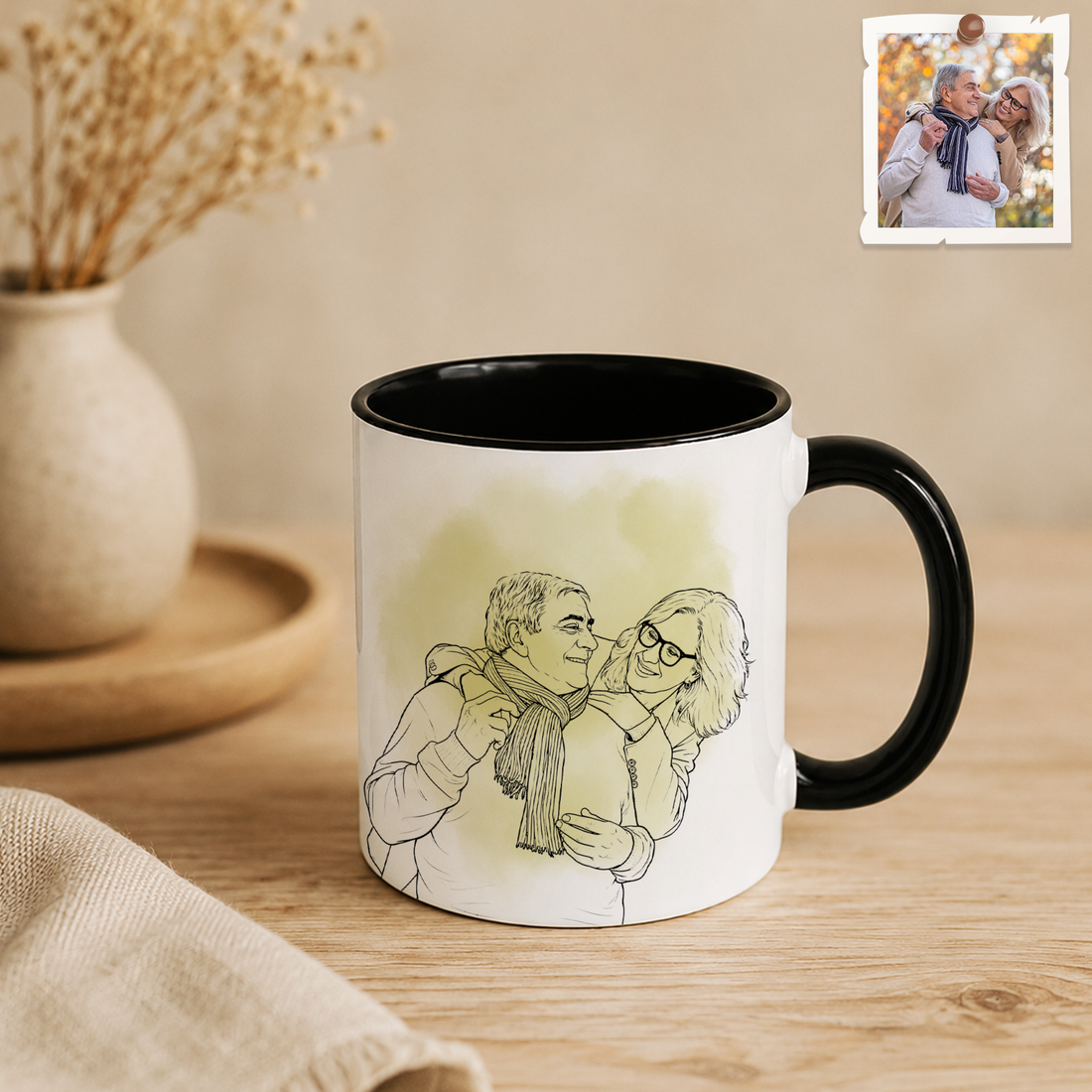 Personalized Couple Photo to Detailed Line Art Accent Mug with Custom Text - 11, 15 oz