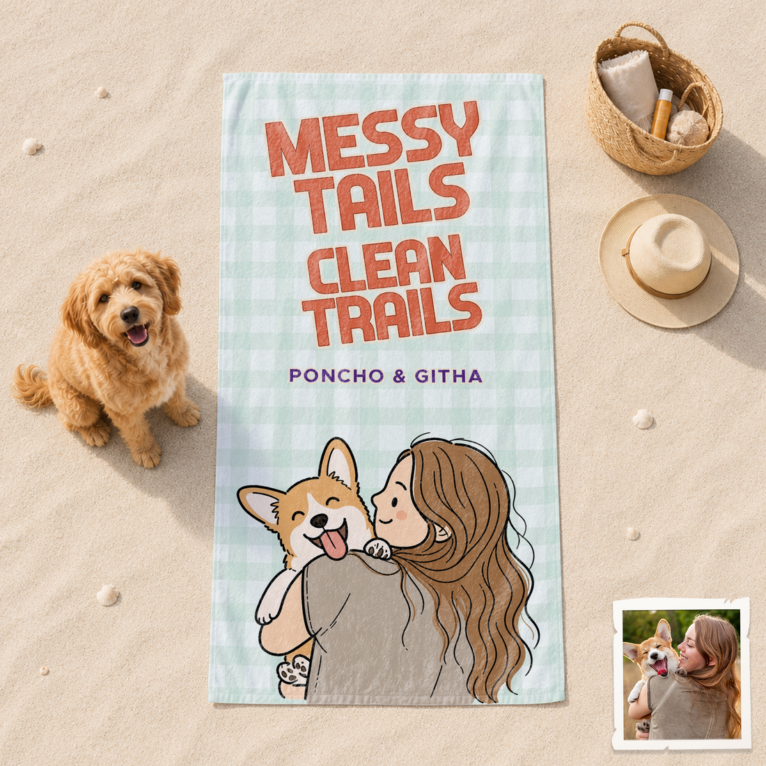 Personalized Pet and Owner Funny Doodle Beach Towel with Custom Text, Playful Summer Gift for Pet Lovers