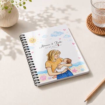 Personalized First Time Mom Crayon Doodle Spiral Bound Journal with Custom Text, New Mom and Baby Portrait Keepsake Gift