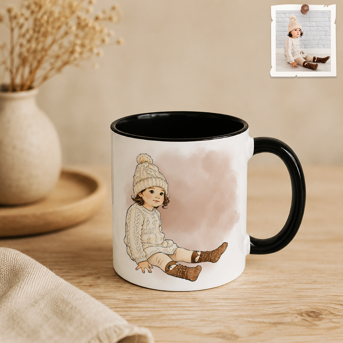 Personalized Baby Portrait Photo to Water Color Doodle Accent Mug with Custom Text