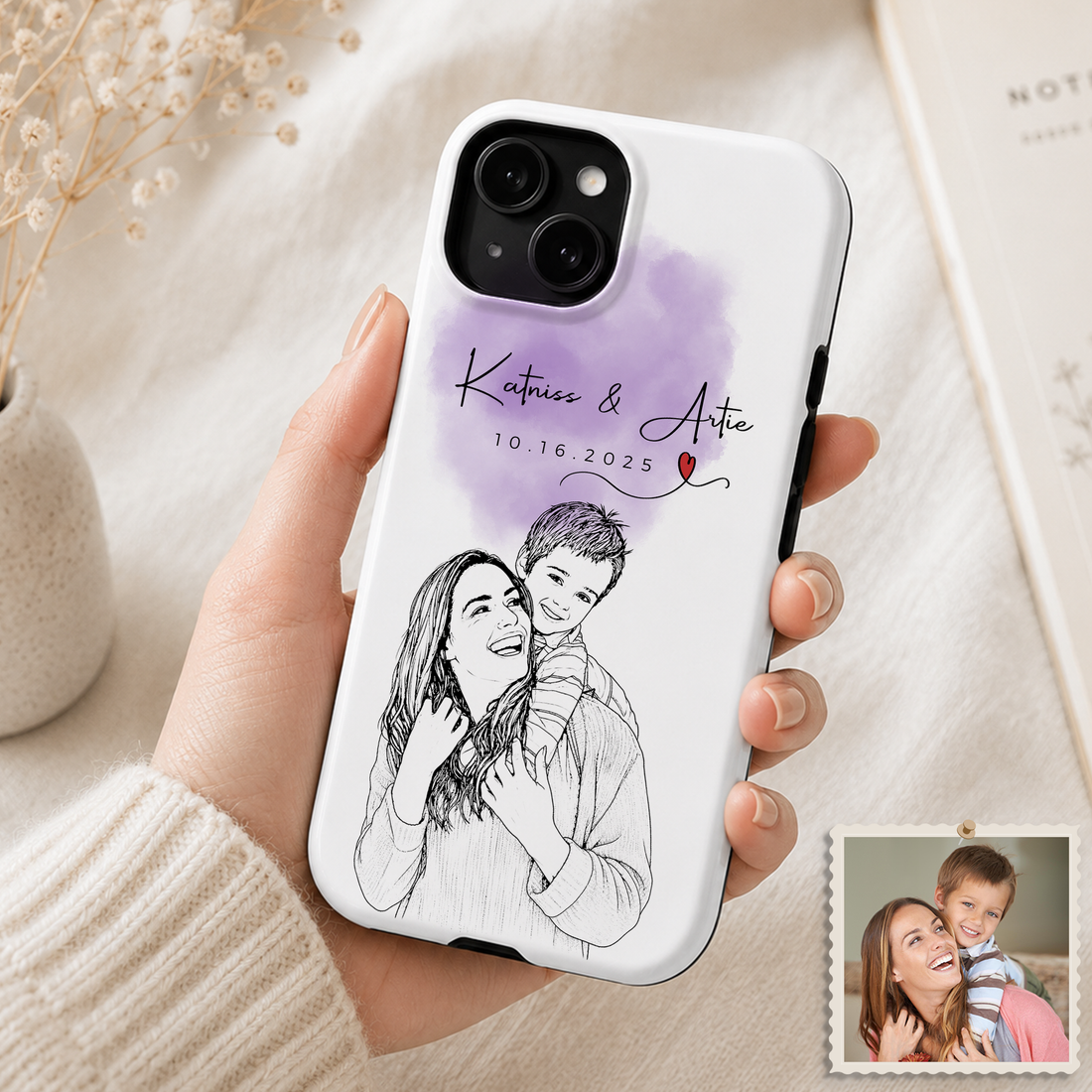Tough Phone Case for iPhone & Samsung, Personalized Mom & Kid Detailed Line Art Case with Custom Text