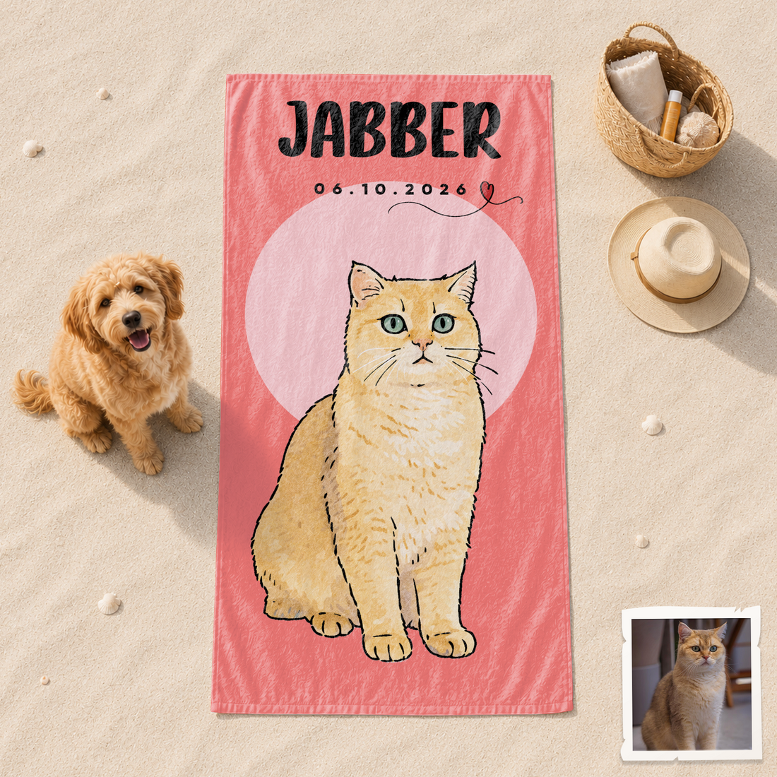 Custom Pet Photo Watercolor Doodle Beach Towel with Personalized Text, Artistic Dog or Cat Summer Keepsake