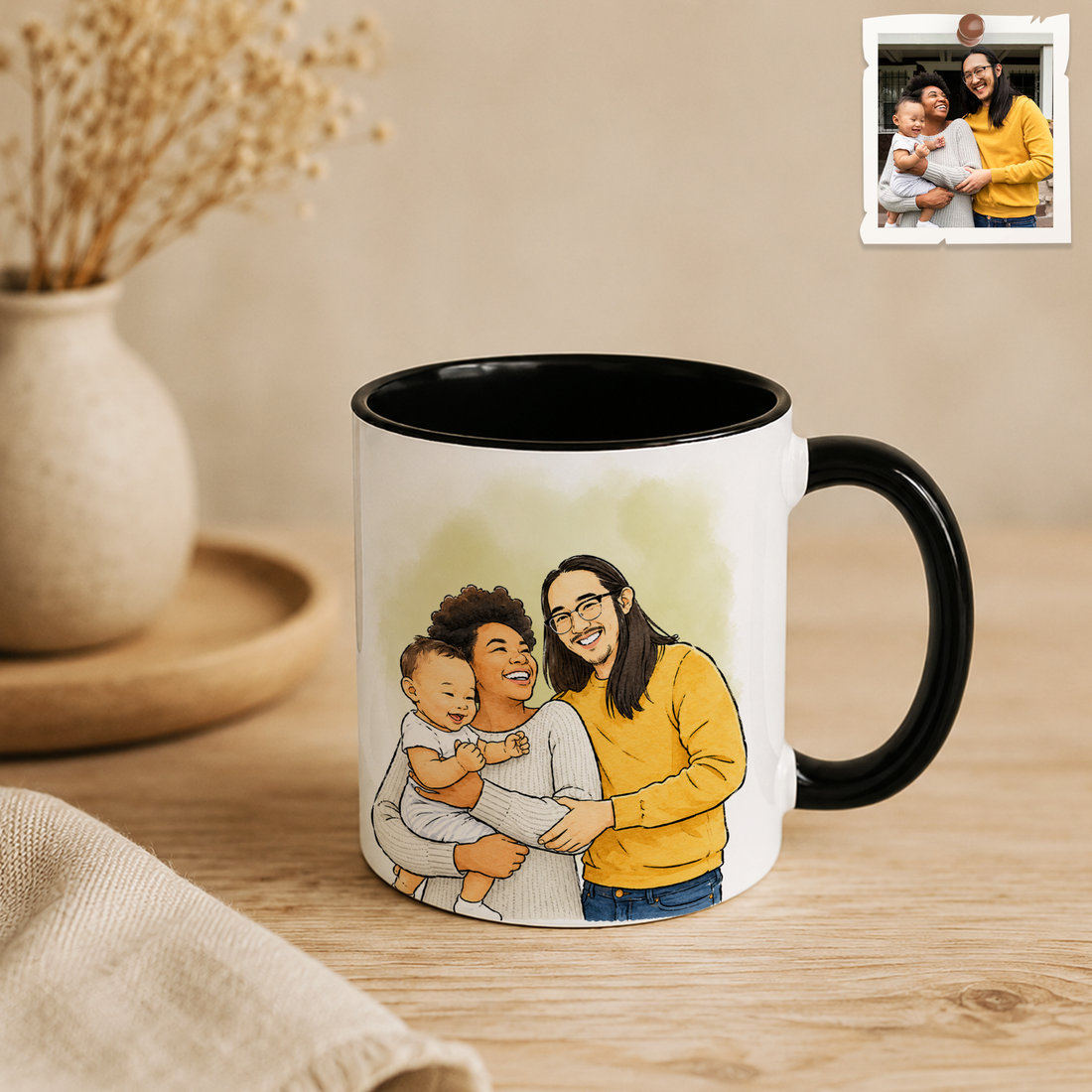 Personalized Big Family Photo to Water Color Doodle Accent Mug with Custom Text