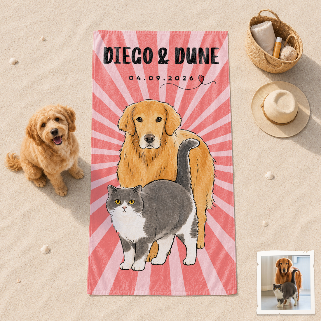 Personalized Pet Portrait Watercolor Doodle Beach Towel with Custom Text, Unique Dog or Cat Summer Gift