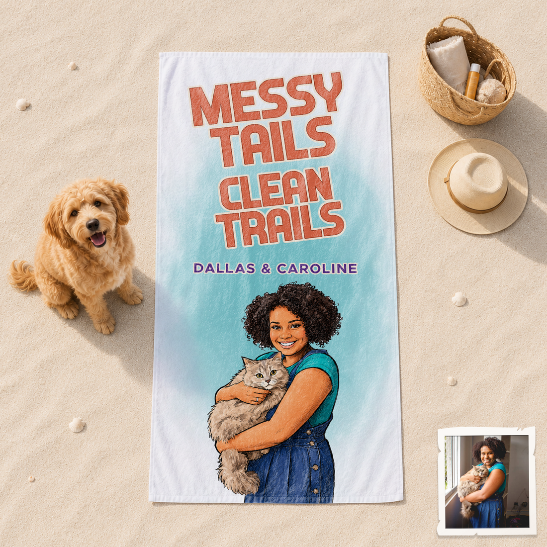 Custom Pet and Owner Sketch Doodle Beach Towel with Personalized Text, Unique Hand-Drawn Gift for Pet Lovers