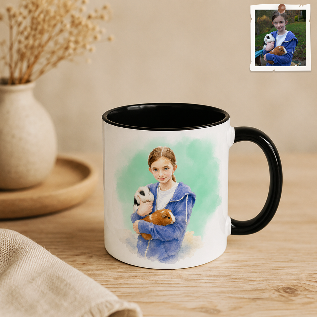 Personalized Pet and Owner Watercolor Accent Mug with Custom Text, Custom Pet Portrait Keepsake Gift