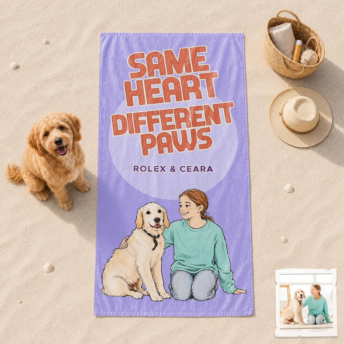 Custom Pet and Owner Photo Sketch Doodle Beach Towel with Personalized Text, Artistic Summer Gift for Pet Lovers