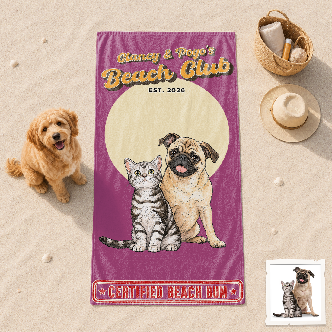 Custom Pet Sketch Doodle Beach Towel with Personalized Text, Hand-Drawn Dog or Cat Photo Gift