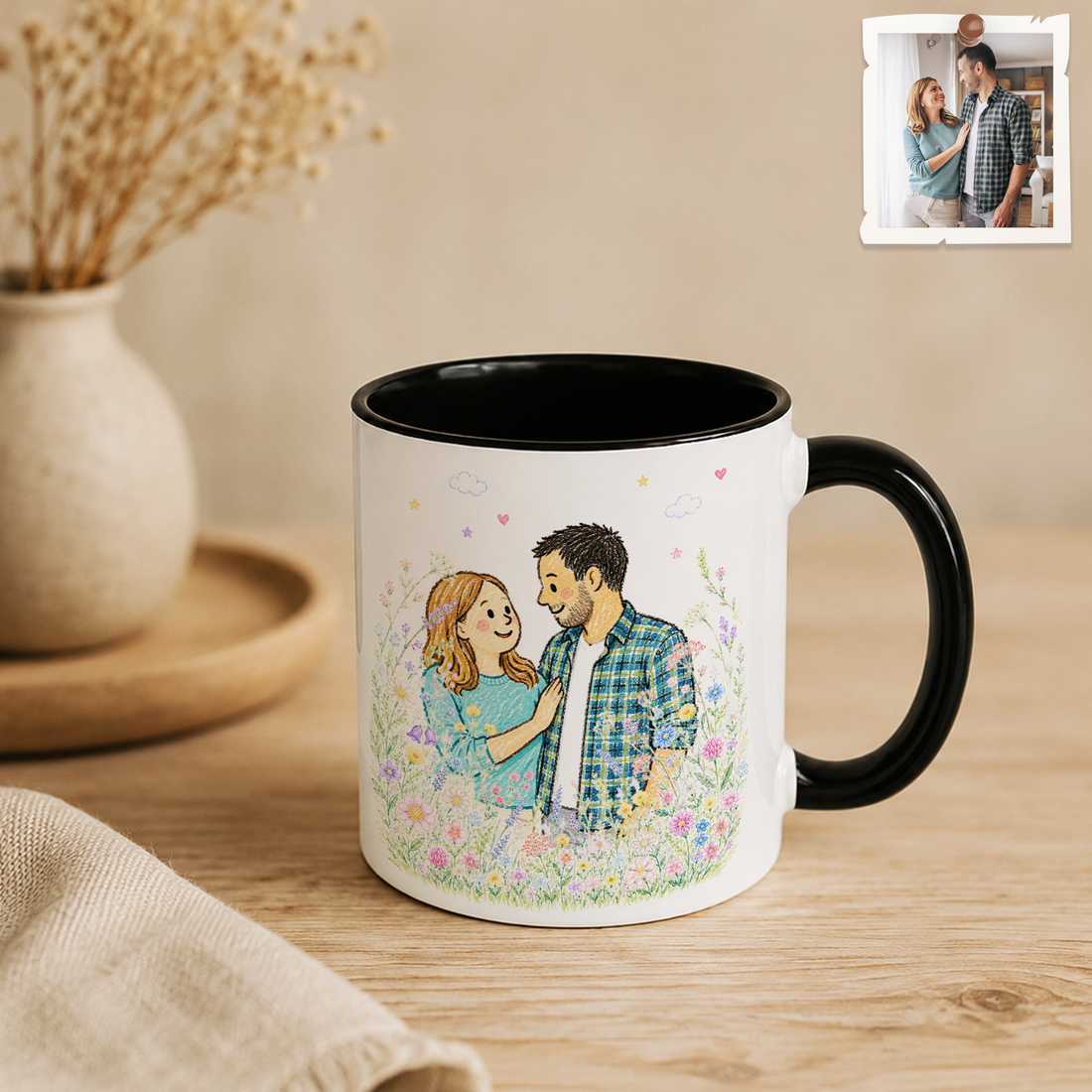 Personalized Couple Photo to Crayon Doodle Accent Mug with Custom Text - 11, 15 oz