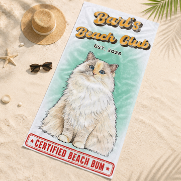 Custom Pet Photo Sketch Doodle Beach Towel with Personalized Text, Artistic Dog or Cat Lover Summer Gift