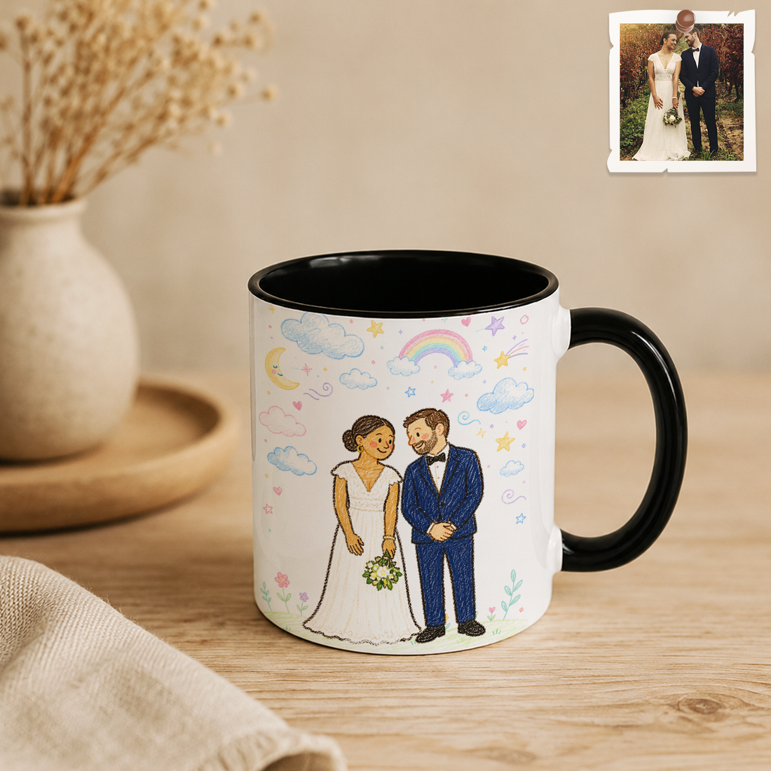 Personalized Wedding Photo to Crayon Doodle Accent Mug with Custom Text - 11, 15 oz