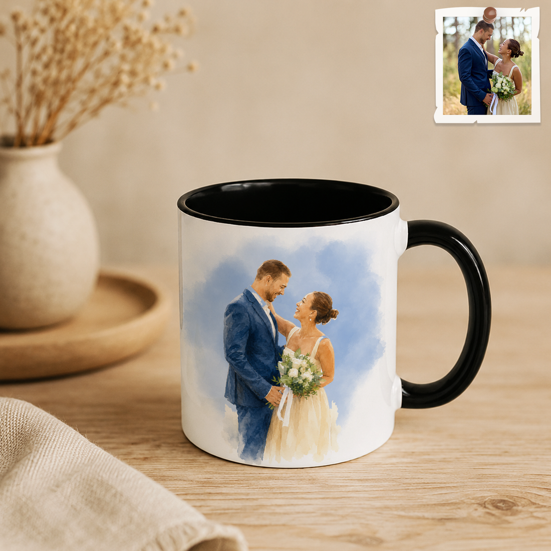 Personalized Wedding Photo to Water Color Accent Mug with Custom Text - 11, 15 oz