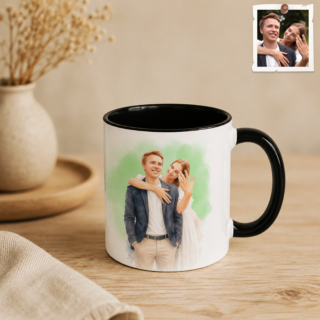 Personalized Engagement Photo to Water Color Accent Mug with Custom Text - 11, 15 oz
