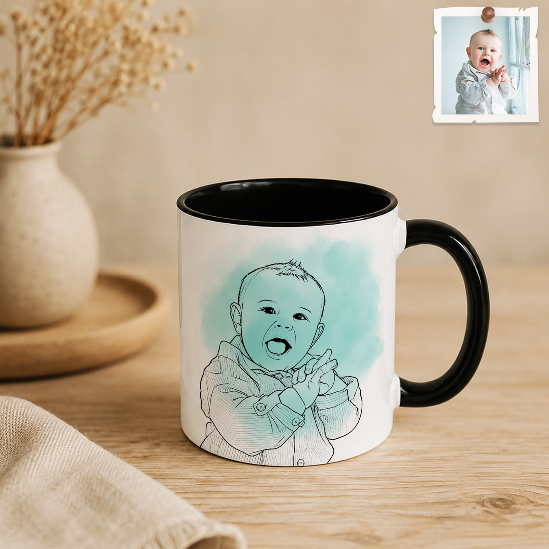 Personalized Baby Portrait Photo to Detailed Line Art Accent Mug with Custom Text - 11, 15 oz