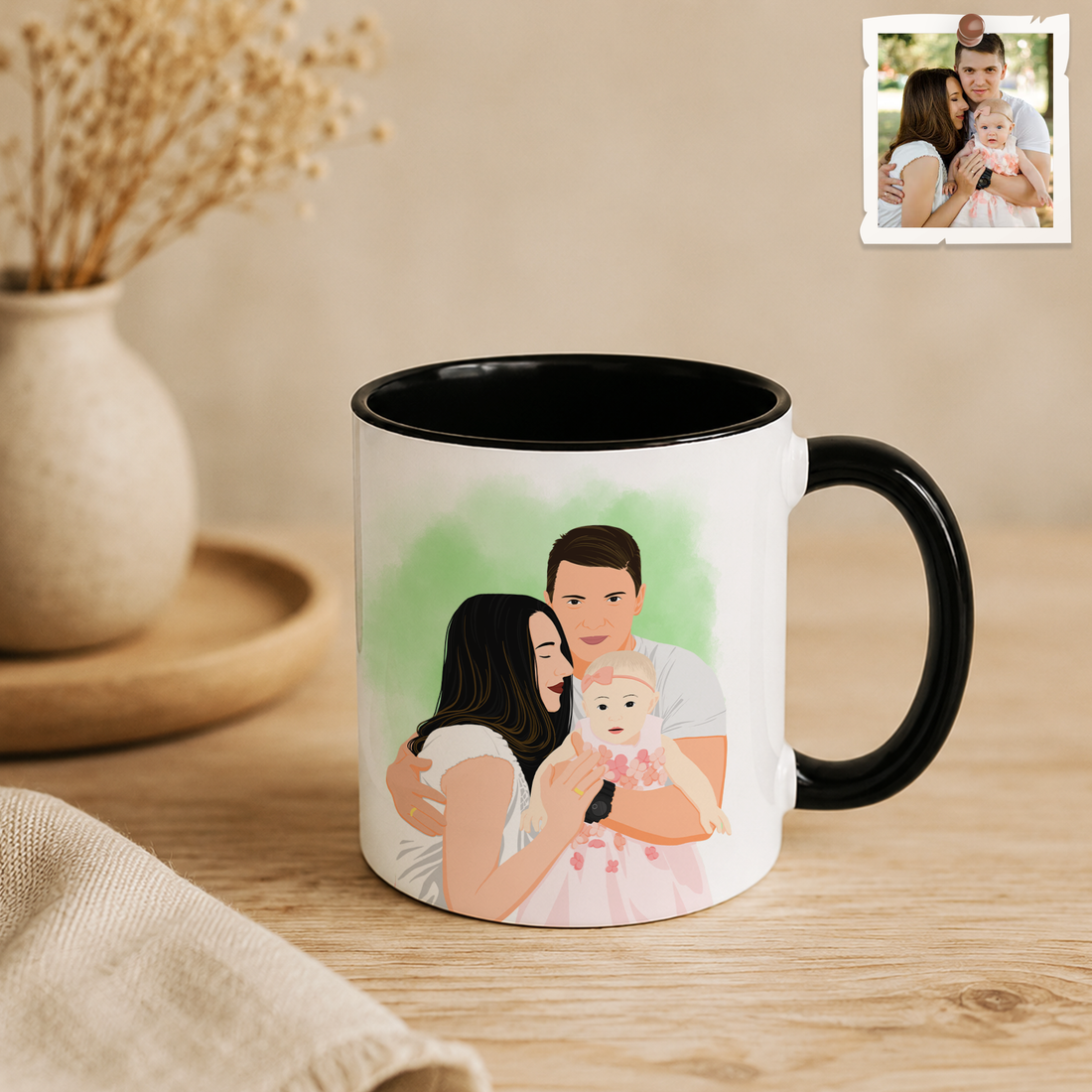 Personalized Big Family Photo to Illustration Accent Mug with Custom Text - 11, 15 oz