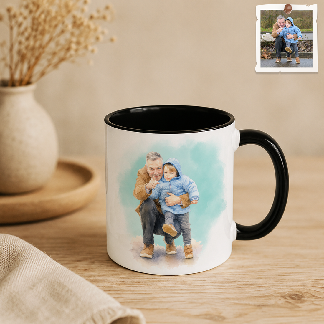 Personalized With Dad or Grandpa Photo to Water Color Accent Mug with Custom Text