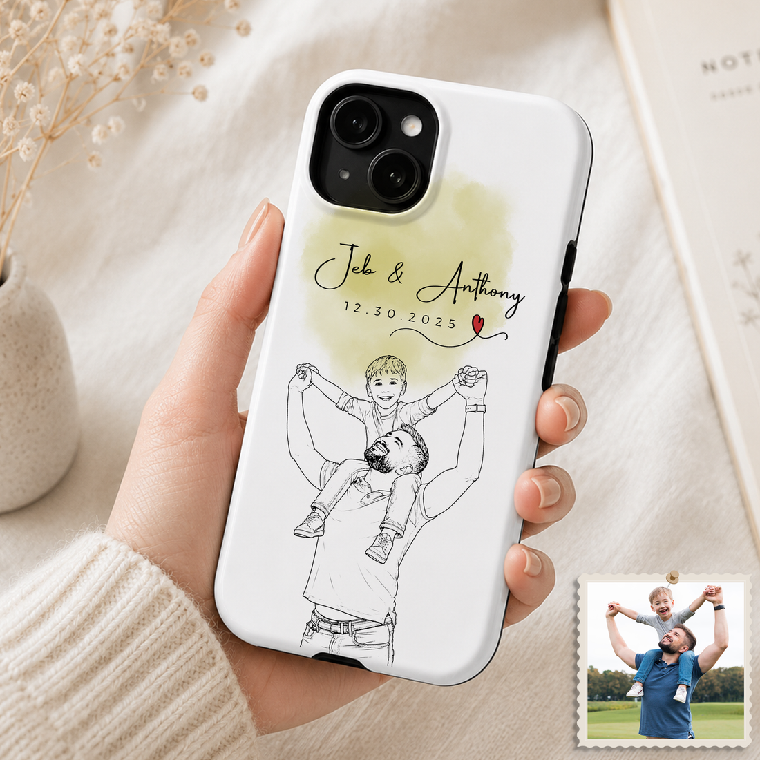Tough Phone Case for iPhone & Samsung, Personalized Dad & Kid Detailed Line Art Case with Custom Text
