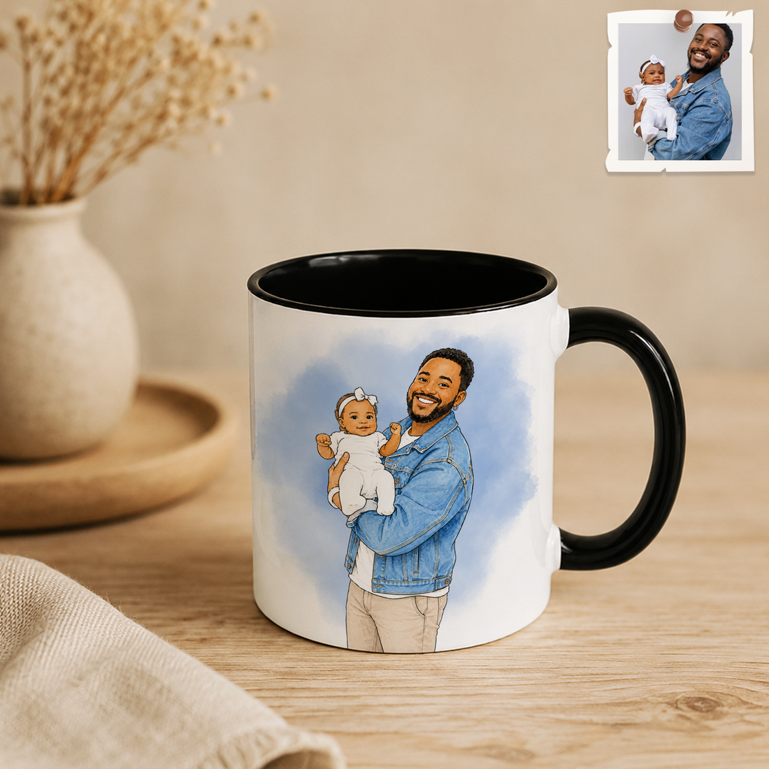 Personalized First Time Dad Photo to Water Color Doodle Accent Mug with Custom Text