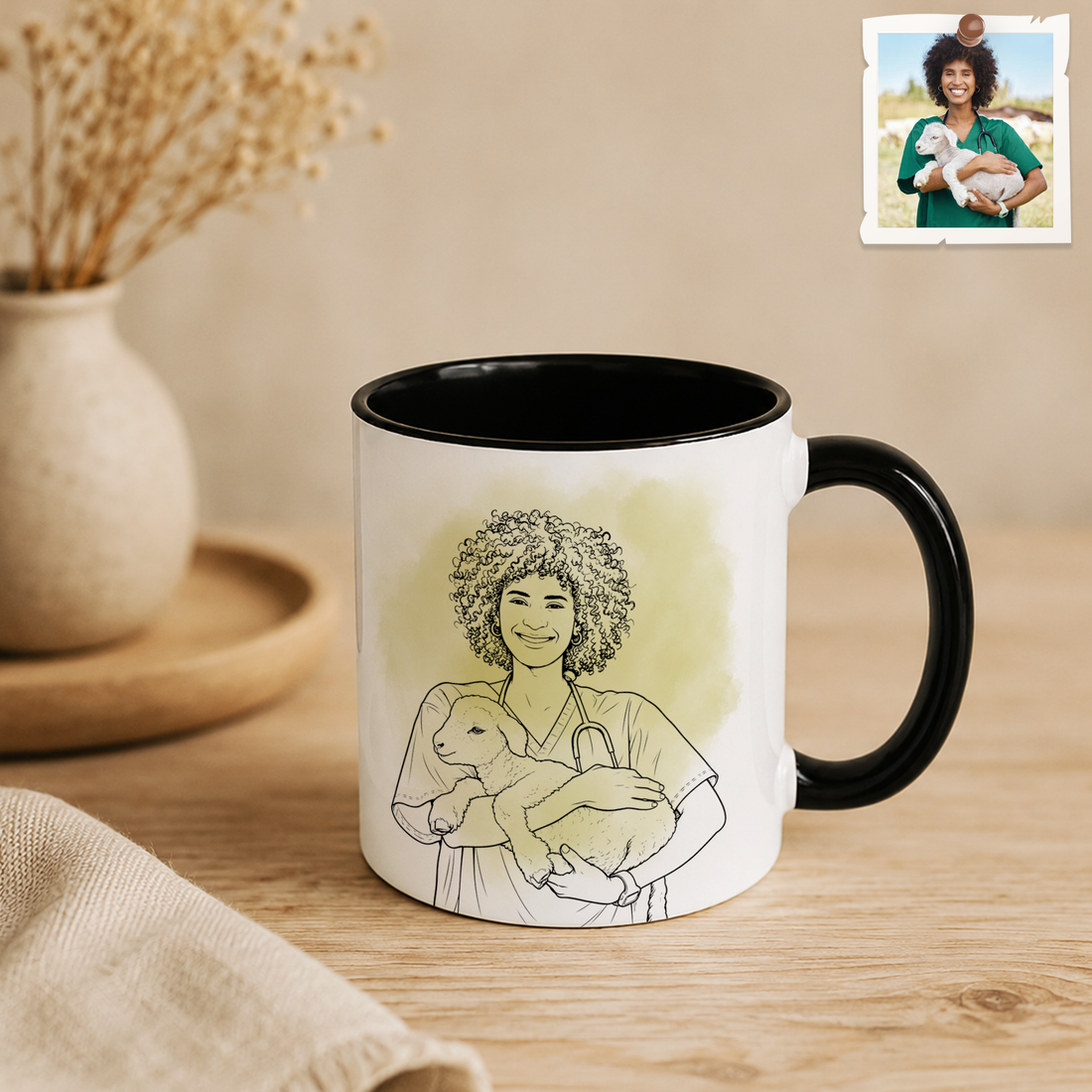 Personalized Nurse Portrait Photo to Detailed Line Art Accent Mug with Custom Text - 11, 15 oz
